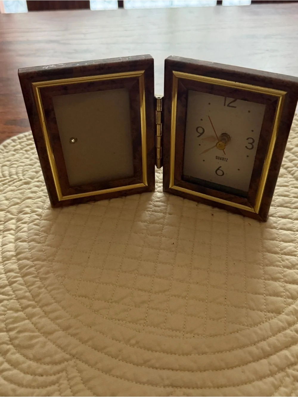 Vintage-Style Folding Table Clock and Photo Frame in Brown and Gold